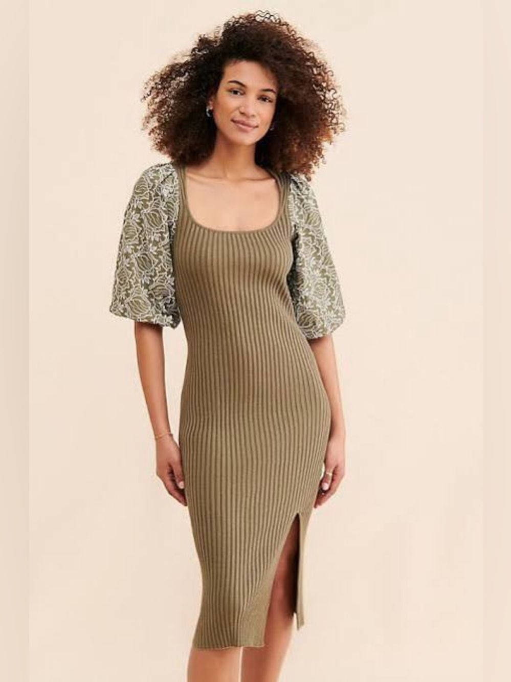 Dolan Left Coast Anthropologie Olive Ribbed Midi Dress Floral Puff Sleeves - S